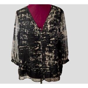 Women's Black & Taupe Chiffon Blouse Size 1X (16W-18W) V-Neck Tux-Pleated Button